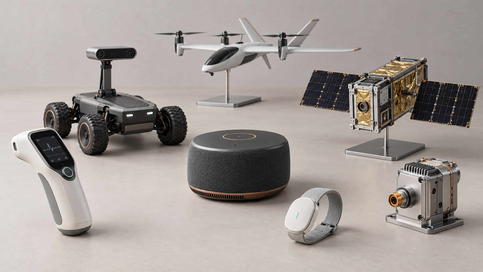 Concept product family spanning consumer electronics, medical devices, industrial sensing, robotics, drones, and a microsatellite