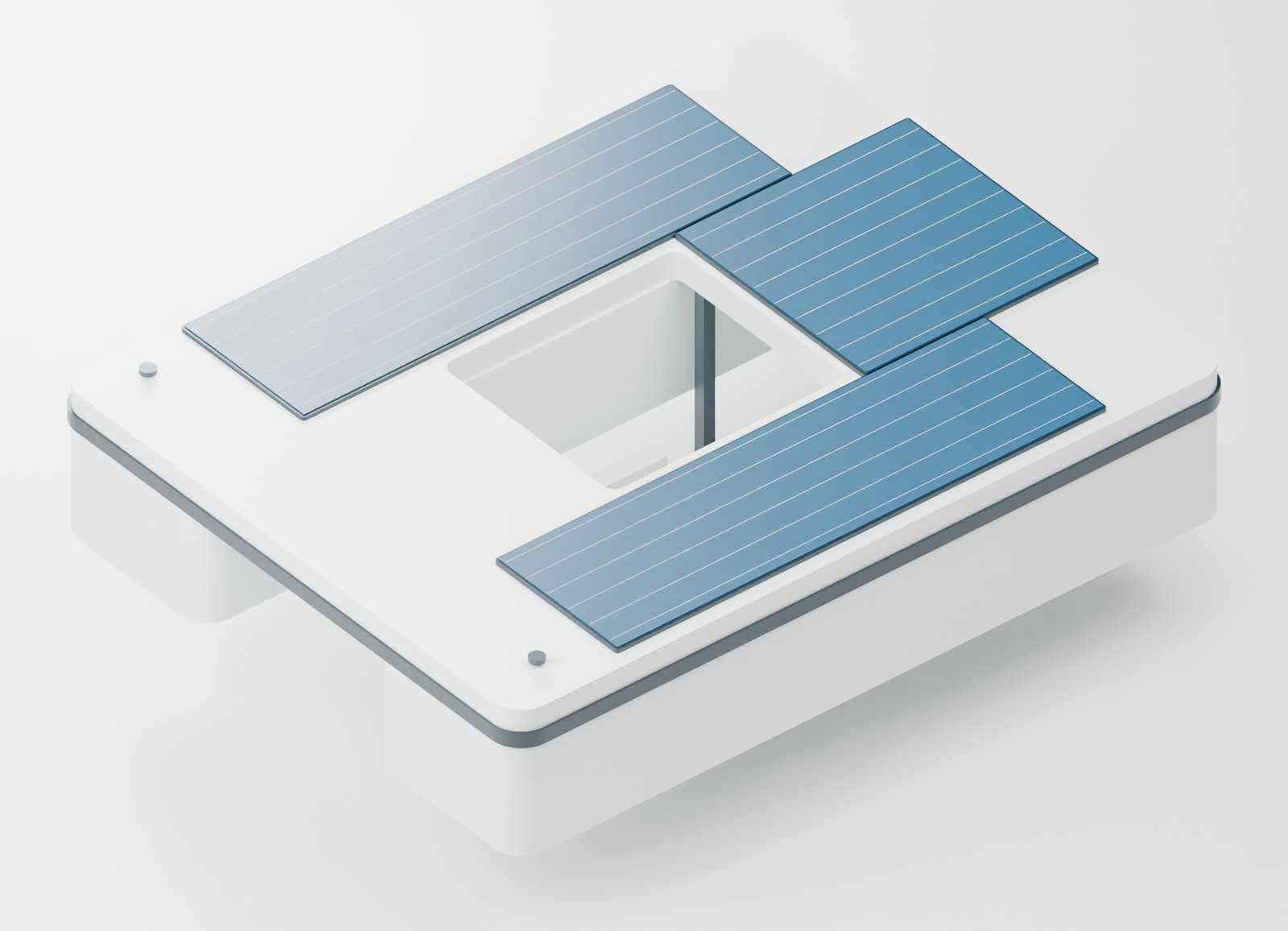 CAD render of Coral station body with central bay and photovoltaic panels