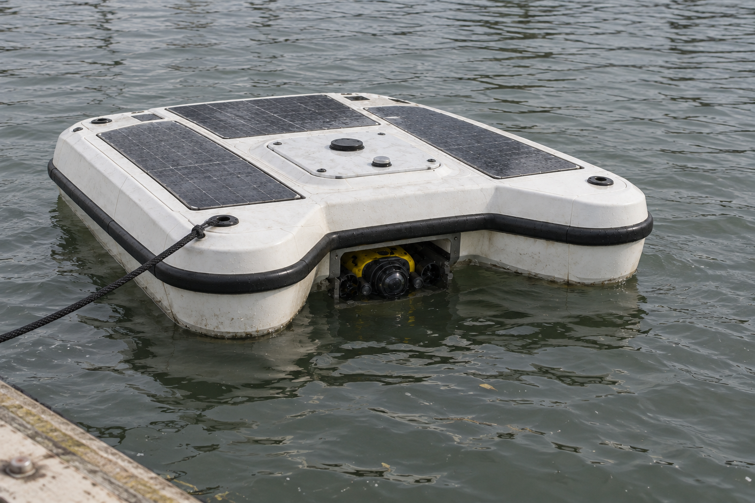 Coral enclosed floating station concept with solar arrays and protected underwater robot bay