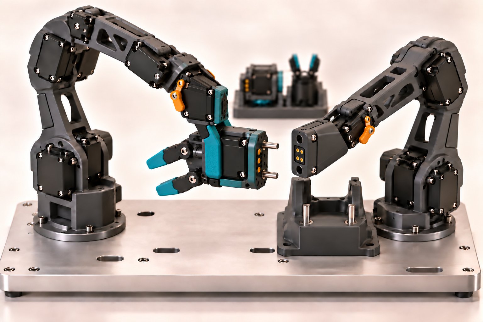 Two robotic arms with the healthy gripper holding a replacement motor housing opposite a passive receiver