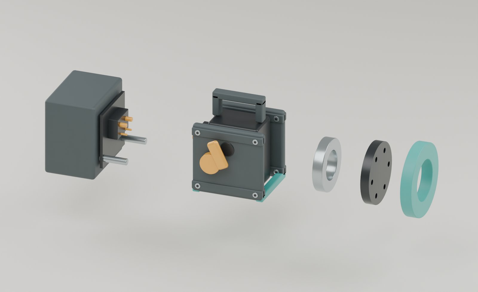 Exploded geometric reference of the wrist module coupler and latch