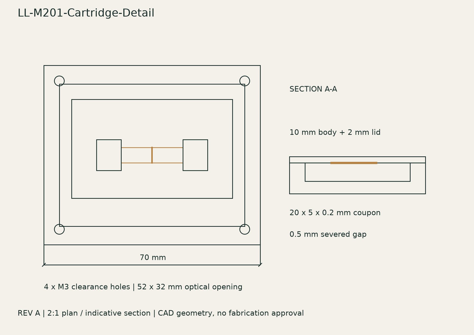 Dimensioned cartridge detail drawing with specimen grips, measurement channel and sealed movement interface