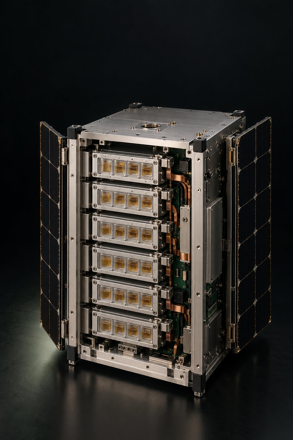 Living Loom microsatellite concept with cartridge bays and folded solar panels