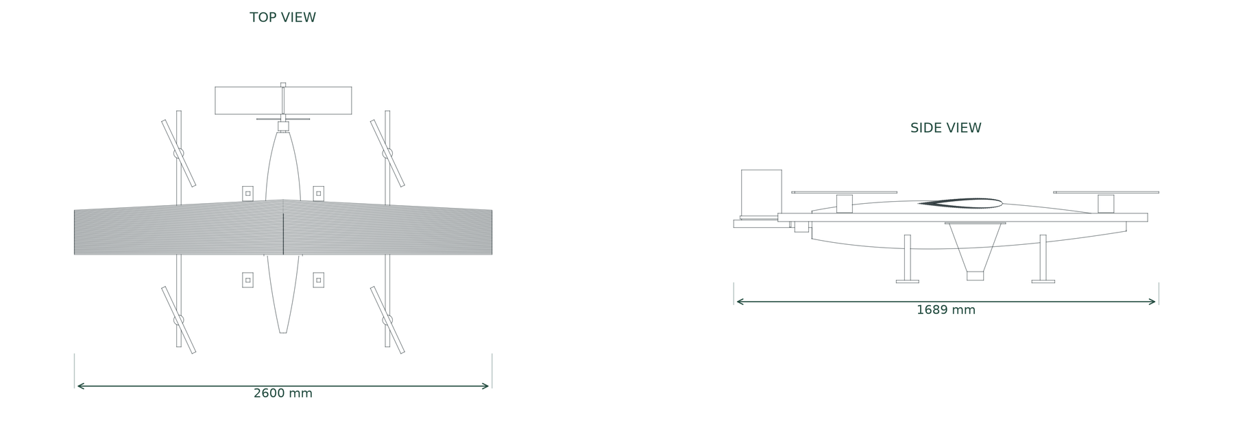 Top and side engineering views of the R1 aircraft with dimensions