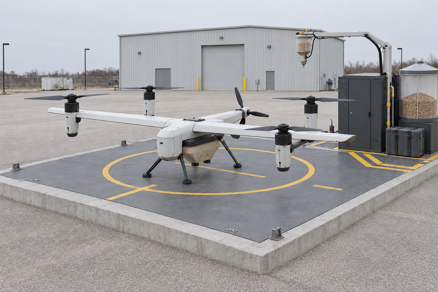 Winged lift-plus-cruise UAV at its autonomous seed refill and charging station